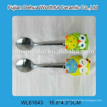 2016 lastest style ceramic owl shaped and stainless steel spoon